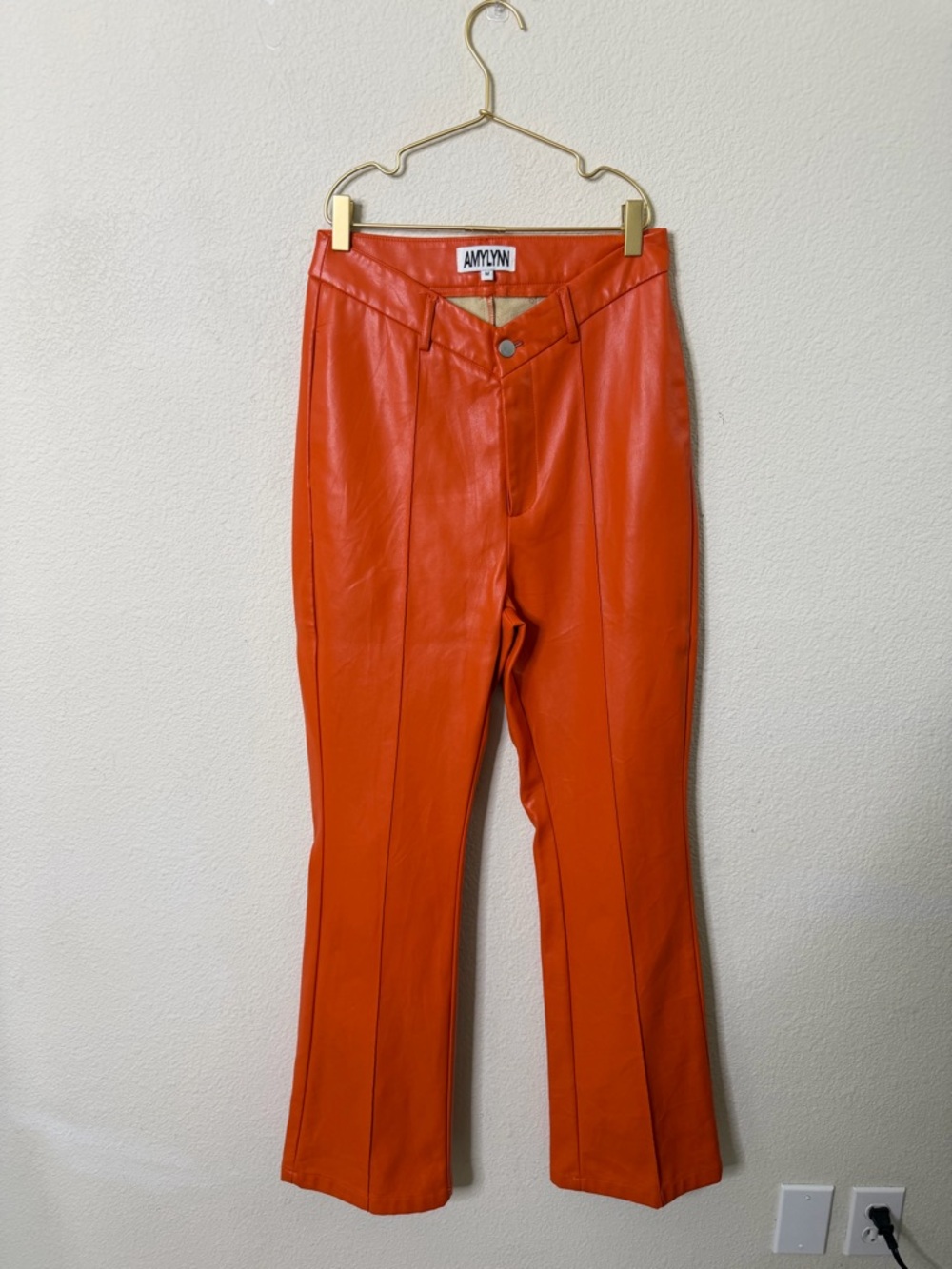 Amy Lynn Amber Faux Leather Flare V Front Trouser Pant Orange Womens Size M - Picture 5 of 10